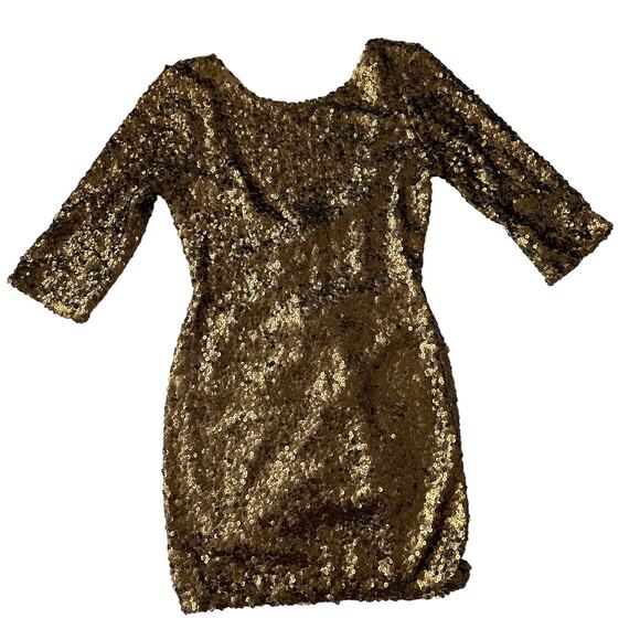 Alberto Makali NWT Gold Sequin Scoop Back Dress Mini Cocktail Party 3/4 Sleeve M - Picture 1 of 8
